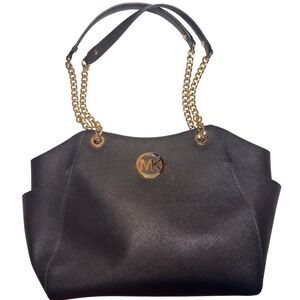 Michael Kors Black Saffiano Leather Chain Tote Bag Gold Hardware Shoulder Bag